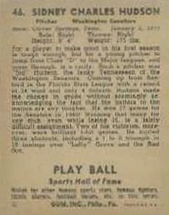 1941 Play Ball #46 Sid Hudson Back