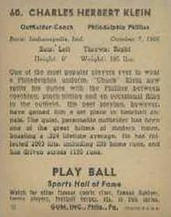 1941 Play Ball #60 Chuck Klein Back