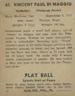 1941 Play Ball #61 Vince DiMaggio Back