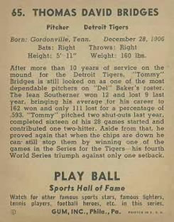 1941 Play Ball #65 Tommy Bridges Back