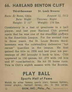 1941 Play Ball #66 Harlond Clift Back