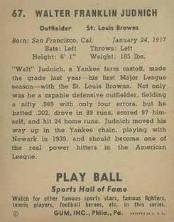 1941 Play Ball #67 Walt Judnich Back