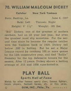 1941 Play Ball #70 Bill Dickey Back