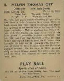 1941 Play Ball #8 Mel Ott Back