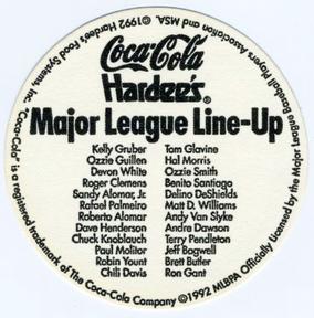 1992 Score Coca-Cola/Hardee's Major League Line-Up Discs - Line-Up Card #NNO Line-Up Header/Checklist Back