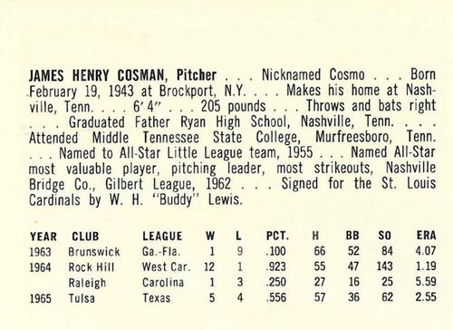 1966 Pepsi Tulsa Oilers #NNO James Henry Cosman Back