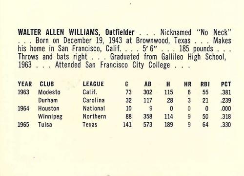 1966 Pepsi Tulsa Oilers #NNO Walter Allen Williams Back