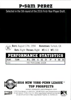2016 Choice New York-Penn League Top Prospects #05 Sam Perez Back