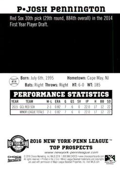 2016 Choice New York-Penn League Top Prospects #14 Josh Pennington Back