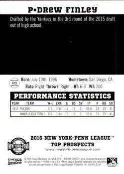 2016 Choice New York-Penn League Top Prospects #19 Drew Finley Back