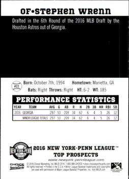 2016 Choice New York-Penn League Top Prospects #22 Stephen Wrenn Back