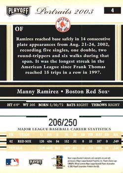 2003 Playoff Portraits - Beige #4 Manny Ramirez Back