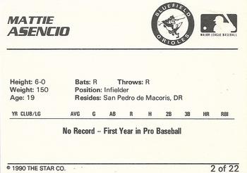1990 Star Bluefield Orioles #2 Mattie Asencio Back