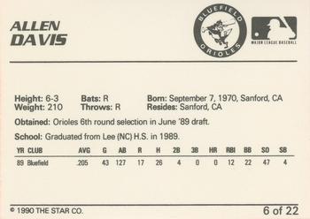 1990 Star Bluefield Orioles #6 Allen Davis Back