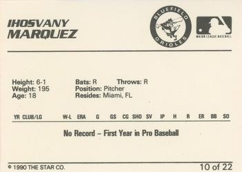 1990 Star Bluefield Orioles #10 Ihosvany Marquez Back