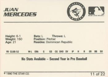 1990 Star Bluefield Orioles #11 Juan Mercedes Back