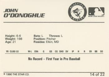1990 Star Bluefield Orioles #14 John O'Donoghue Back