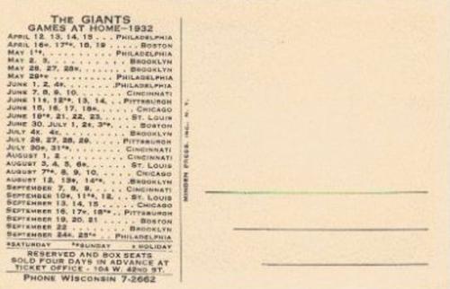 1932 New York Giants Schedule Postcards #NNO Hi Bell Back