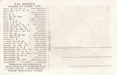 1932 New York Giants Schedule Postcards #NNO Freddie Fitzsimmons Back