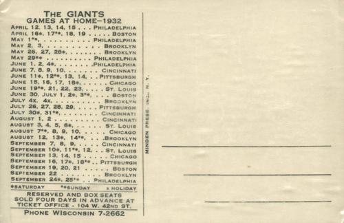 1932 New York Giants Schedule Postcards #NNO Chick Fullis Back