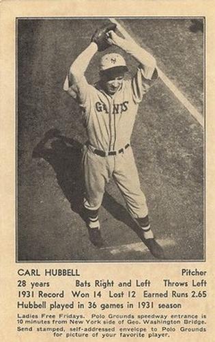 1932 New York Giants Schedule Postcards #NNO Carl Hubbell Front