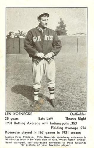 1932 New York Giants Schedule Postcards #NNO Len Koenecke Front
