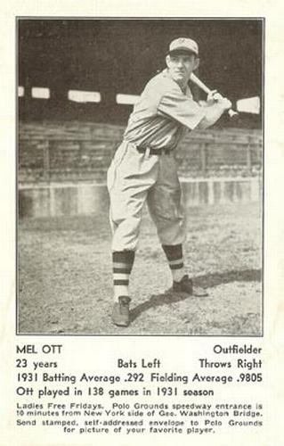 1932 New York Giants Schedule Postcards #NNO Mel Ott Front
