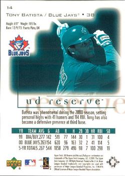 2001 UD Reserve #14 Tony Batista Back