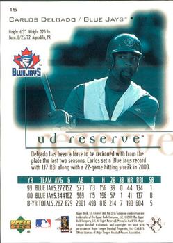 2001 UD Reserve #15 Carlos Delgado Back