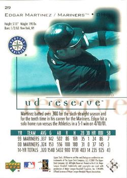 2001 UD Reserve #29 Edgar Martinez Back