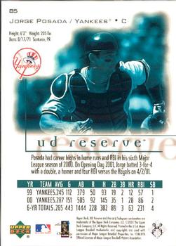 2001 UD Reserve #85 Jorge Posada Back