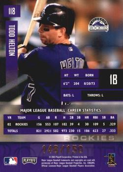 2003 Playoff Prestige - Xtra Points Purple #118 Todd Helton Back