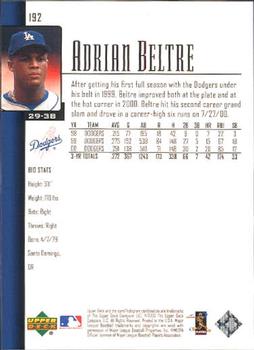 2001 Upper Deck #192 Adrian Beltre Back