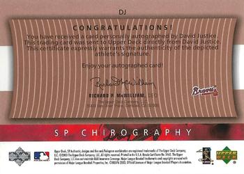 2003 SP Authentic - Chirography World Series Heroes Bronze #DJ David Justice Back
