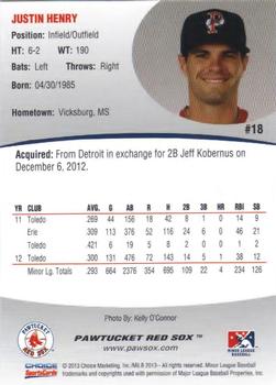 2013 Choice Pawtucket Red Sox #18 Justin Henry Back