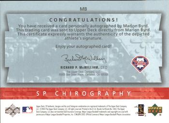 2003 SP Authentic - Chirography Young Stars #MB Marlon Byrd Back
