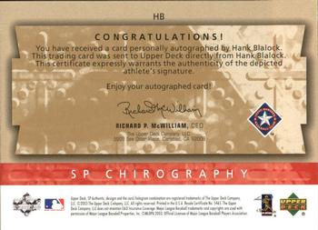 2003 SP Authentic - Chirography Young Stars Gold #HB Hank Blalock Back
