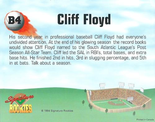 1994 Signature Rookies - Cliff Floyd Signatures Jumbos #B4 Cliff Floyd Back