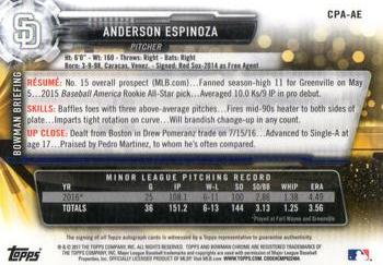 2017 Bowman - Chrome Prospect Autographs #CPA-AE Anderson Espinoza Back