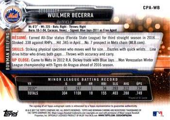 2017 Bowman - Chrome Prospect Autographs #CPA-WB Wuilmer Becerra Back