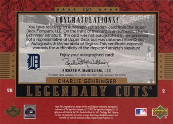 2003 SP Legendary Cuts - Autographs #CG1 Charlie Gehringer Back