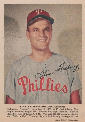1950 Philadelphia Inquirer Philadelphia Phillies #NNO Stanley Ernest Hollmig Front