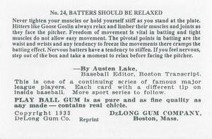 1972 TCMA 1933 Delong (R333) Reprints #24 Goose Goslin Back