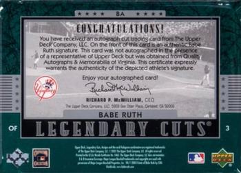 2003 SP Legendary Cuts - Autographs Green #BA Babe Ruth Back