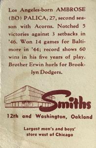 1947 Smith's Oakland Oaks #12 Bo Palica Back