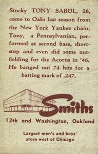 1947 Smith's Oakland Oaks #13 Tony Sabol Back