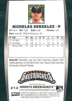 2015 Choice Augusta GreenJackets #14 Nicholas Gonzalez Back