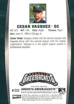 2015 Choice Augusta GreenJackets #32 Cesar Vasquez Back