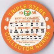 1986 7-Eleven Triple Stars Coins: East Region #II Wade Boggs / George Brett / Pete Rose Back