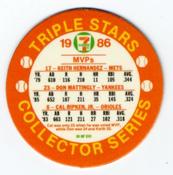 1986 7-Eleven Triple Stars Coins: East Region #III Keith Hernandez / Don Mattingly / Cal Ripken, Jr. Back